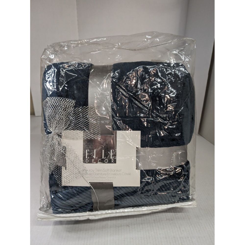 Elle Decor Corduroy Trim Soft Blanket Navy NWT 60 in x 90‎ in